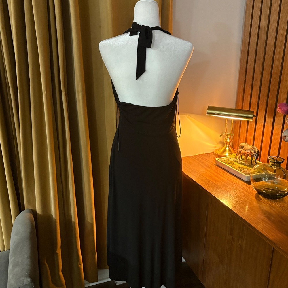 Vtg 90s Cache Black Beaded Halter Neck V-Neck Midi Cocktail Dress 30021 Womens 6 - Picture 4 of 5